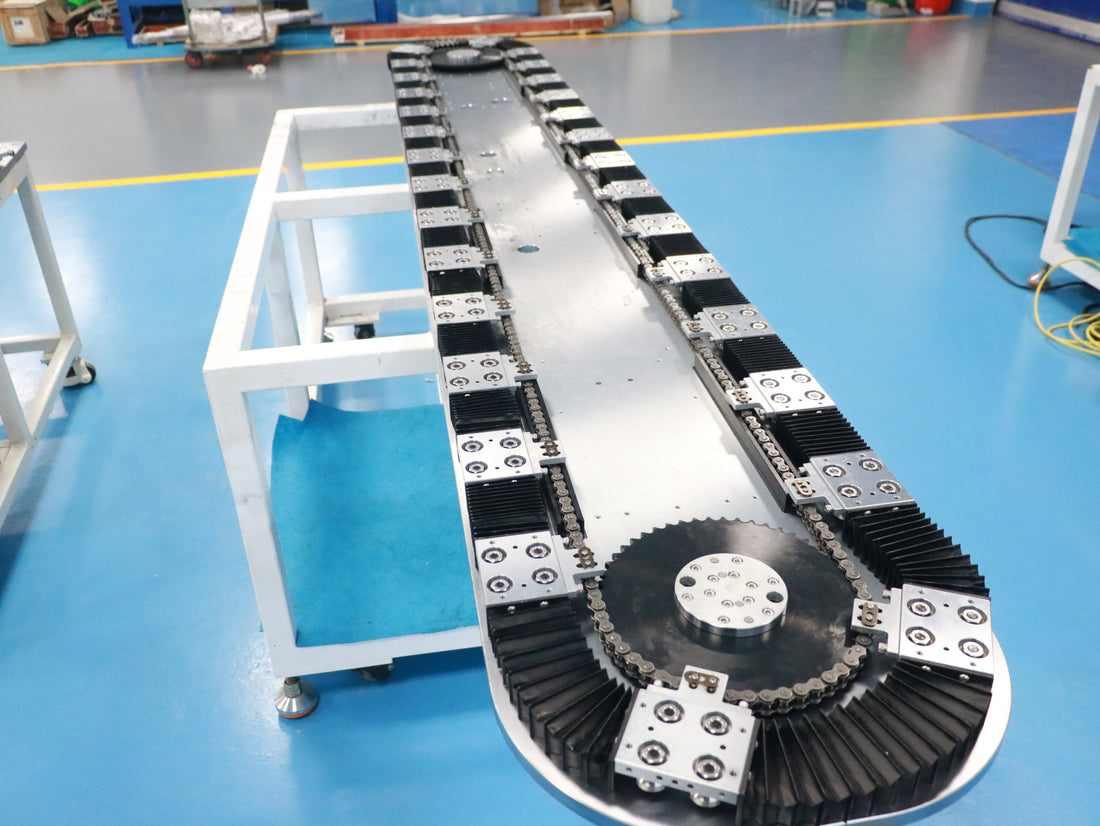 Stacked linear guide rails, circular guide rail conveyor lines, and packaging material recycling conveyor lines.