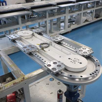 Curved linear guide rails, circular guide rail conveyor lines, and irregular workpiece processing and assembly lines.