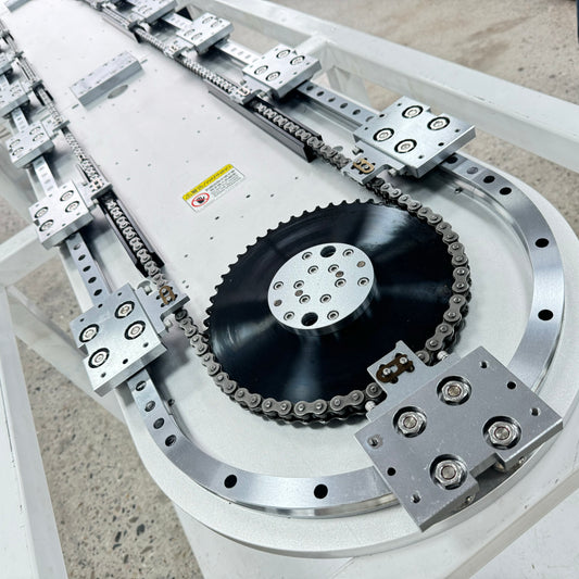 Product pictures of chain driven rail systems for automated production lines